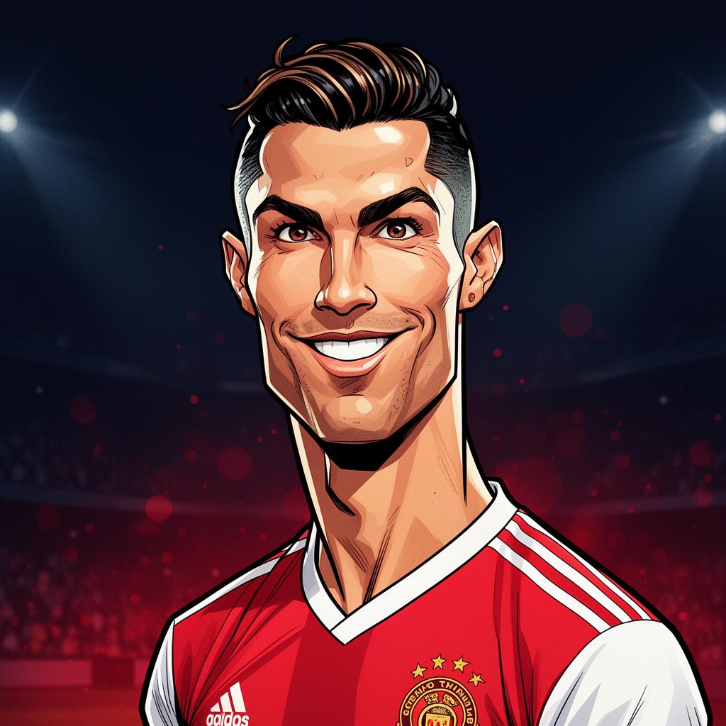 Cristiano Ronaldo caricature illustration in red home football jersey — Portuguese GOAT, 5× Ballon d'Or winner and all-time top international goalscorer